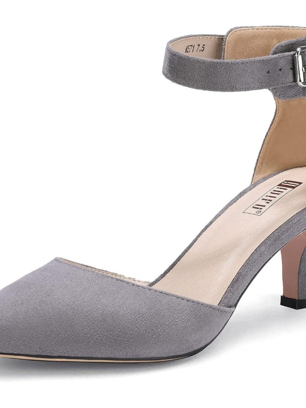 Women's Dark Grey Suede Pumps Low Kitten Heels Pointed Closed Toe Shoes Strap